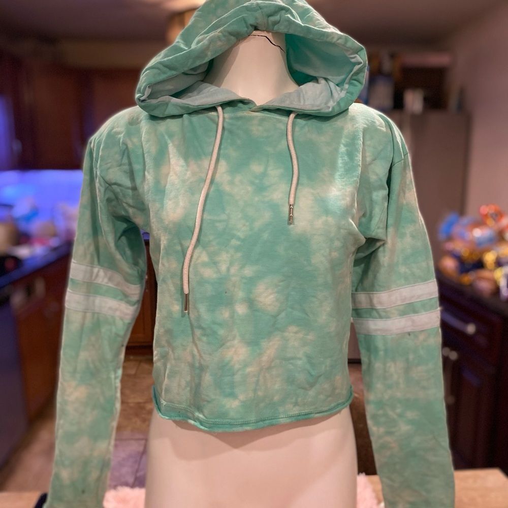 EXIST Mint Green Tie Dye Cropped Hoodie Womens S Varsity Stripe Raw Hem Sweatshi